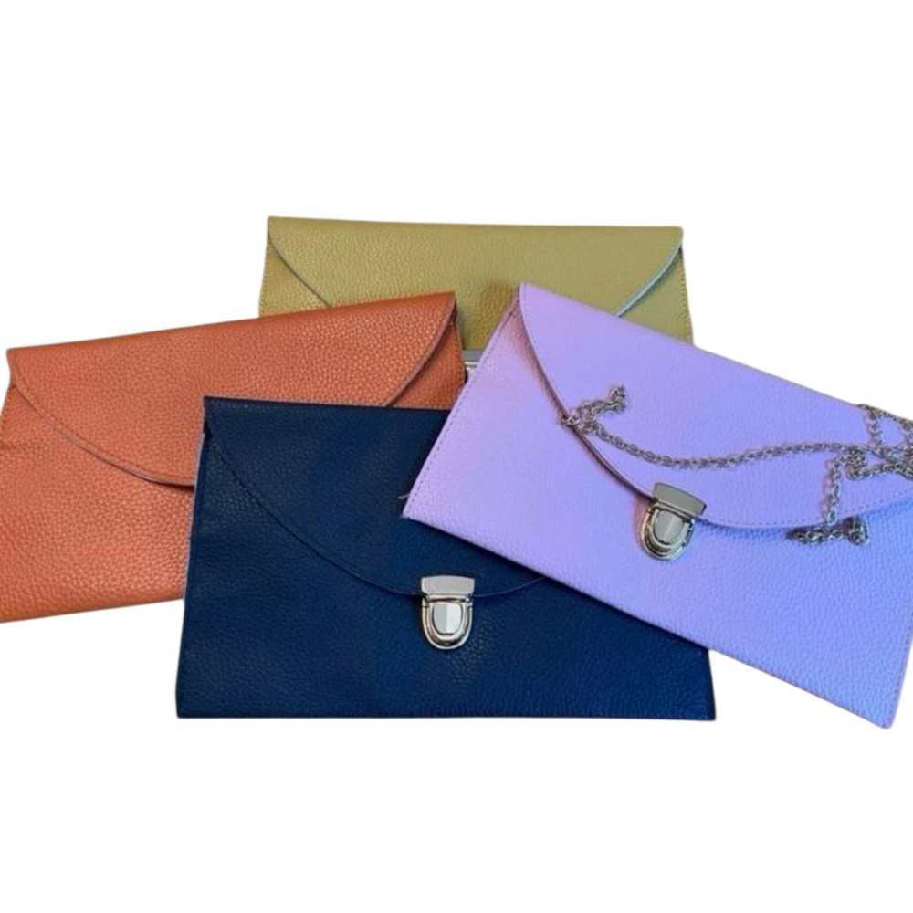 (4) Women’s clutch shoulder bags blue yellow orange and pink envelope style
